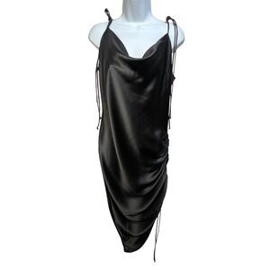 Forever 21 Black Satin Cowl Neck Ruched Midi Slip Dress Tie Shoulder Large 68455